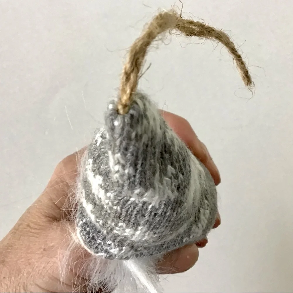 Gnome Ornament Gray White Knit Felted Wool Scandinavian Nordic Christmas 5.5”